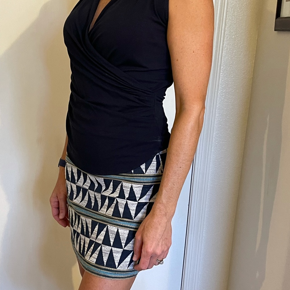 Ann Taylor mini skirt and faux wrap top.